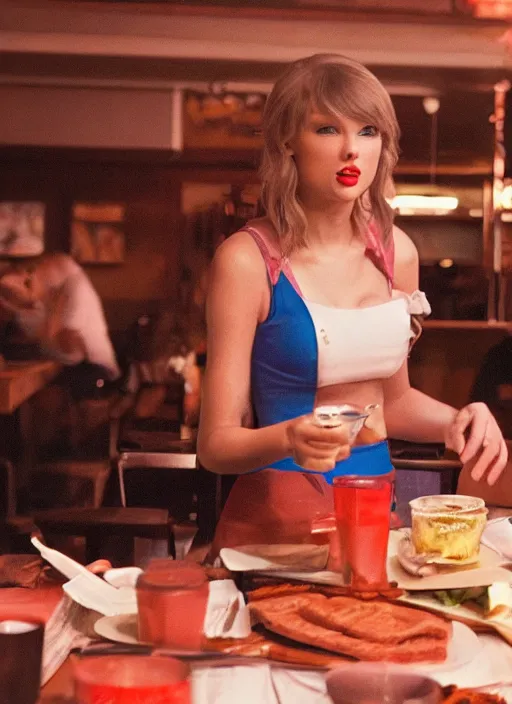 Image similar to a candid, color cinema film still of a taylor swift as a waitress at hooters, cinematic lighting at night.