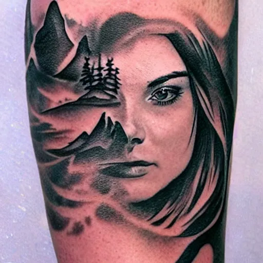 Prompt: realistic tattoo sketch of kate kuray face double exposure effect with a mountain scenery, in the style of matteo pasqualin, amazing detail, sharp