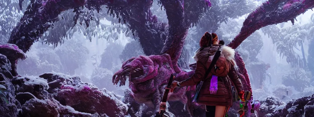 Image similar to explorer woman walking in animal fur armour, walking in a dense alien snow covered frosty jungle, with snow covered colourful red, blue and purple plants, large vines, snow covered arched organic rock structures, in the style of monster hunter world, like concept art on artstation, hyperdetailed, vray render, octane render,