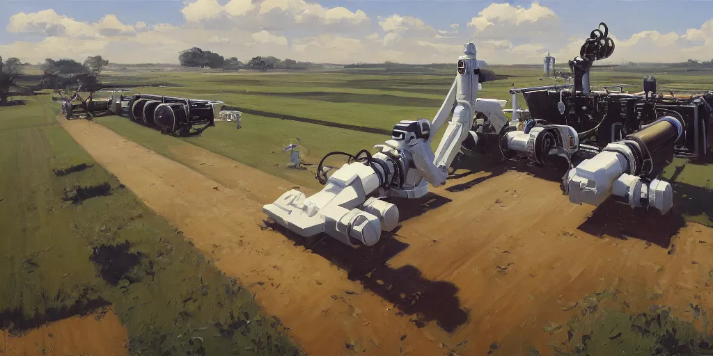 Prompt: oil painting futuristic automated farm, robot machinery, sleek, organic, white, perfect weather, by Gregory Manchess, John Picacio and Brom, artstation