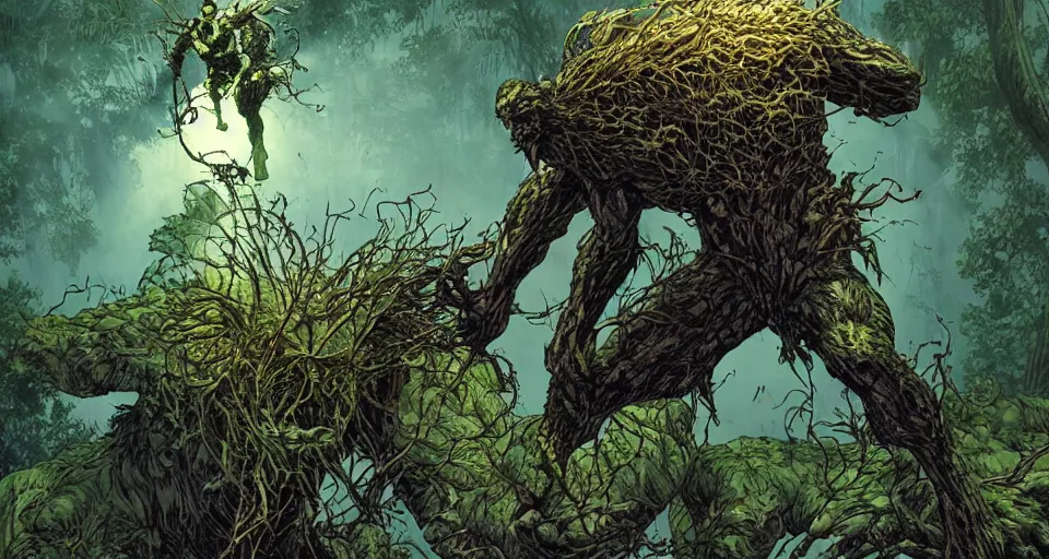 Image similar to Marvel Comics Man Thing Battles DC Comics Swamp Thing In A Misty Swamp, bats, sunset, volumetric lighting, hyperrealistic, beautiful details, HDR, octane render, action shot, wide angle, bokeh, Yasushi Niarasawa Moebius Jim Steranko Style