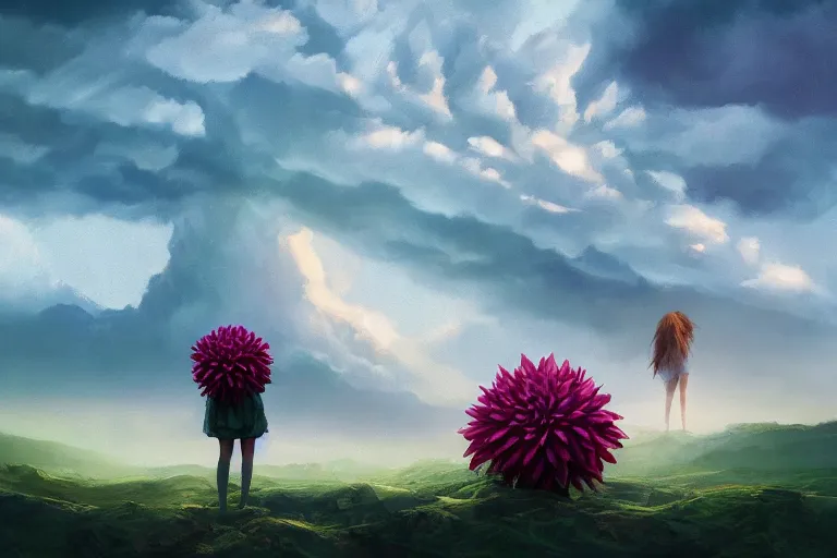 Prompt: face covered giant dahlia flower, girl on mountain, surreal photography, blue storm clouds, dramatic light, impressionist painting, digital painting, artstation, simon stalenhag