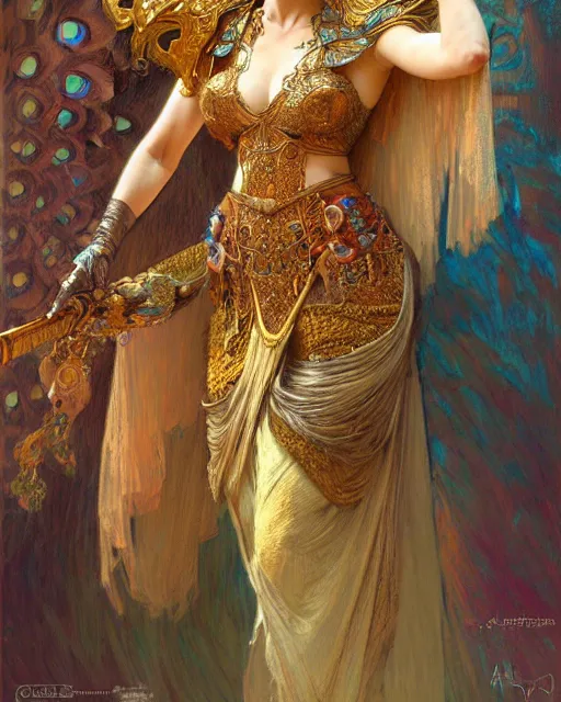 Prompt: a female warrior in peacock armor, light effect, feminine, powerful, in clothes! intricate, elegant, highly detailed, digital painting, artstation, concept art, smooth, sharp focus, illustration, art by gaston bussiere and alphonse mucha, - n 4