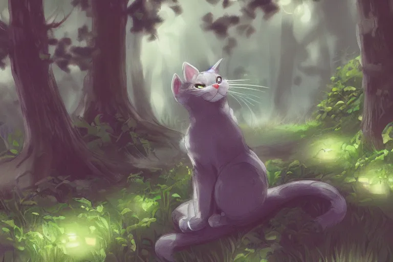 Image similar to cat in the forest, frontlighting, digital art, trending on artstation, fanart, by kawacy