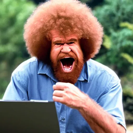 Image similar to angry bob ross screaming at his laptop