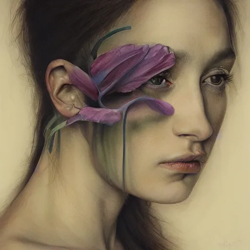 Image similar to masterpiece portrait woman, by marco mazzoni and zdzislaw beksinksi