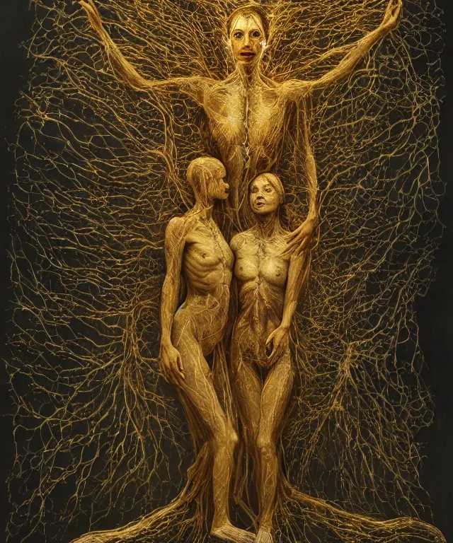 Image similar to Beautiful full-body wax sculpture of a glowing transparent infinite plant with women faces as leaves with visible gold bones covered with melted white wax inside the singularity where stars becoming baroque folds of dark matter by Michelangelo da Caravaggio, Nicola Samori, William Blake, Alex Grey and Beksinski, dramatic volumetric lighting, highly detailed oil painting, 8k, masterpiece