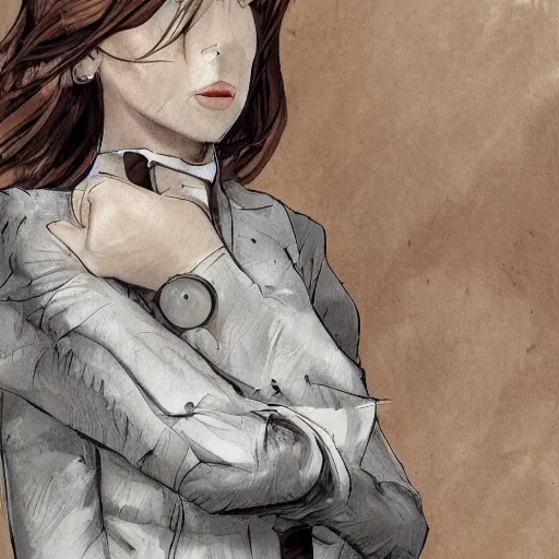 Image similar to female lawyer, business suit, brown neat hair, pixiv, fanbox, trending on artstation, digital painting, portrait, defense attorney, modern, sleek, highly detailed, formal, serious, determined, competent, colorized