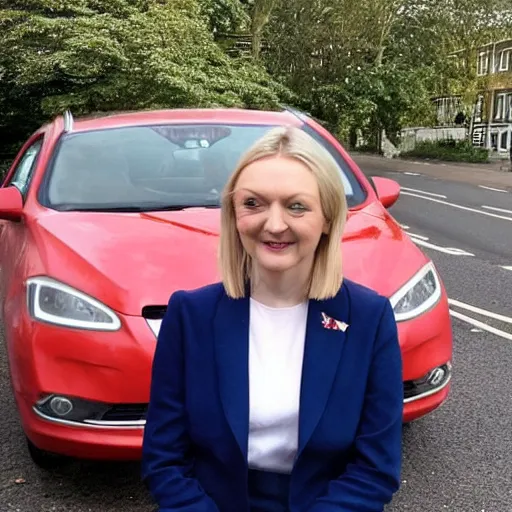 Prompt: liz truss sat in a car looking at a no u turn sign