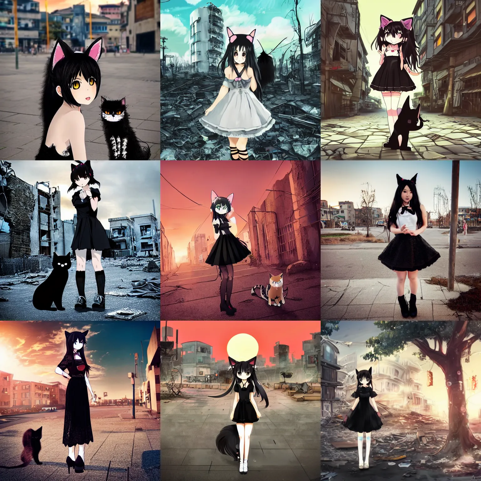 Prompt: cute anime neko girl with long black curly hair and 2 small cat ears on her head wearing nice black lace short evening dress and black high - heeled shoes, in the middle of the square of a ruined post - apocalyptic city at sunset