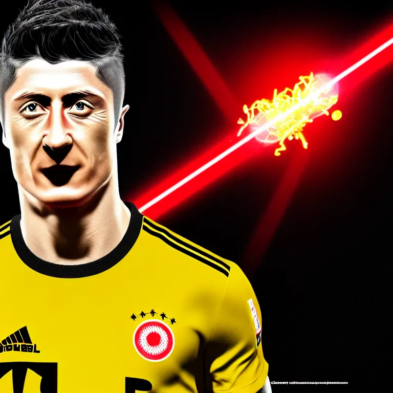 Image similar to robert lewandowski as play football, quake 2 logo on the tshirt in toilet, photorealistic face, golden skin, dark background, lasers