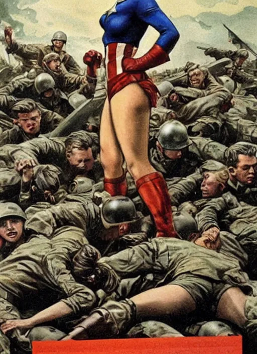 Image similar to beautiful female captain america standing on a pile of defeated german soldiers. feminist captain america wins wwii. american wwii propaganda poster by james gurney