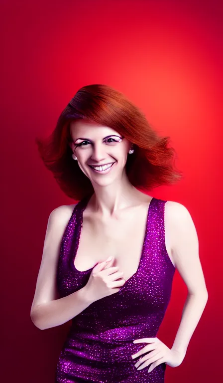 Prompt: impressive digital art portrait of a thin white very attractive mid30s woman in a shiny red party dress, smiling, light brown hair with purple tips