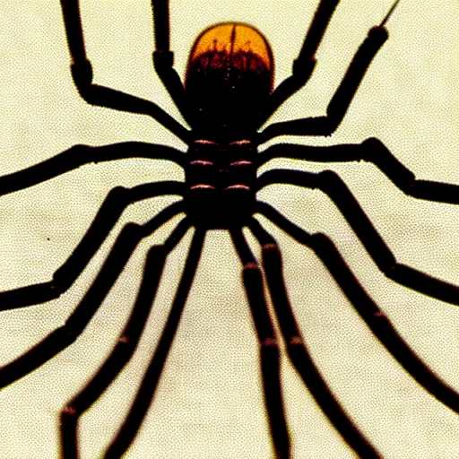 Image similar to a tall spider with long black legs whose body is covered in long blonde hair