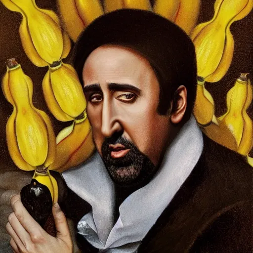 Prompt: highly detailed oil painting of nicolas cage in a banana, 4 k, in the style of caravaggio, monet, botticelli and dali