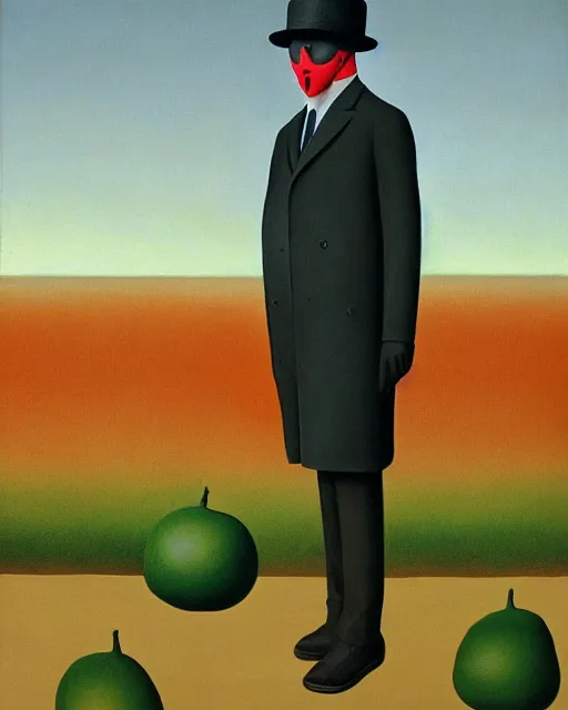 Prompt: painting of a man with a kiwifruit covering his face, wearing a bowler hat and overcoat and necktie, standing in front of a barren wasteland of smoke and fire, oil on canvas, style of Rene Magritte, by René Magritte