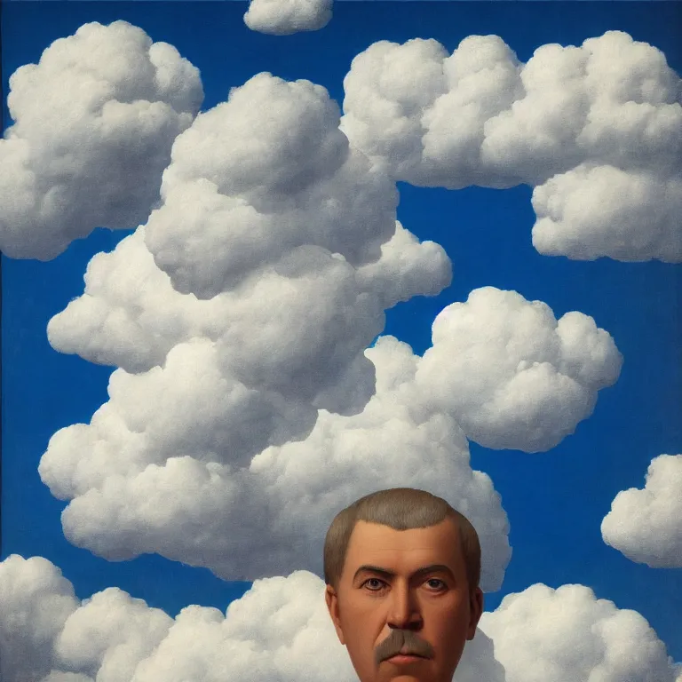 Image similar to portrait of a man made out of clouds, by rene magritte, detailed painting, hd, hq, high resolution, high detail, 4 k, 8 k