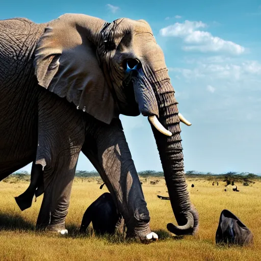 Prompt: a highly detailed panoramic photo by annie leibowitz of the serengeti, with in the background a headless elephant. 8 k, super resolution