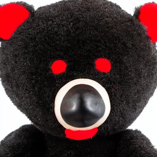 Image similar to black teddy bear with red eyes, face close up, realistic, highly detailed, studio photo, dark lighting