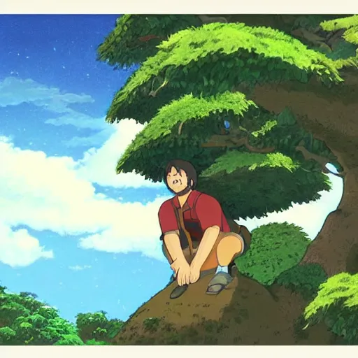 Prompt: gabriel boric over a tree made by studio ghibli, detail, high quality, detailed, beautiful scene, smooth