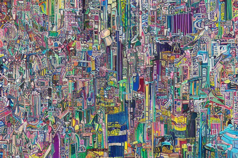 Image similar to an elaborate penned illustration of a colorful intricate connected city of tubes and pipes, by jan van haasteren