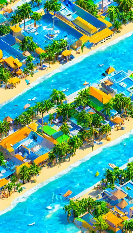 Image similar to beautiful beachside village, palm trees, blue water, isometric view, tilt shift, highly detailed