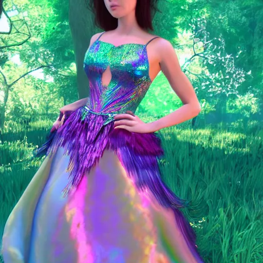 Prompt: Queen of the fae holding court in a sleeveless iridescent gown, intricate, colorful, 4k