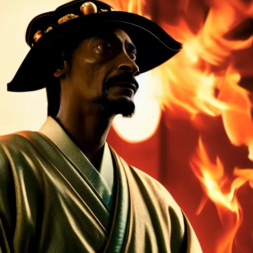 Image similar to cinematic film still of Snoop Dogg starring as a Samurai holding fire, Japanese CGI, VFX, 2022, 40mm lens, shallow depth of field, film photography