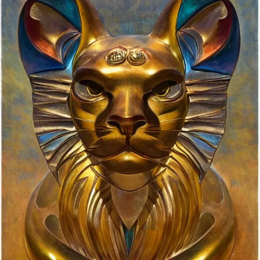 Image similar to masterpiece sculpture of an ornate bejeweled mechanical cat head, by annie swynnerton and diego rivera and nicholas roerich and jean delville, symbolist, dramatic lighting, god rays, elaborate geometric ornament, art brut, rich colors, smooth, sharp focus, extremely detailed, adolf wolfli and ( donato giancola )