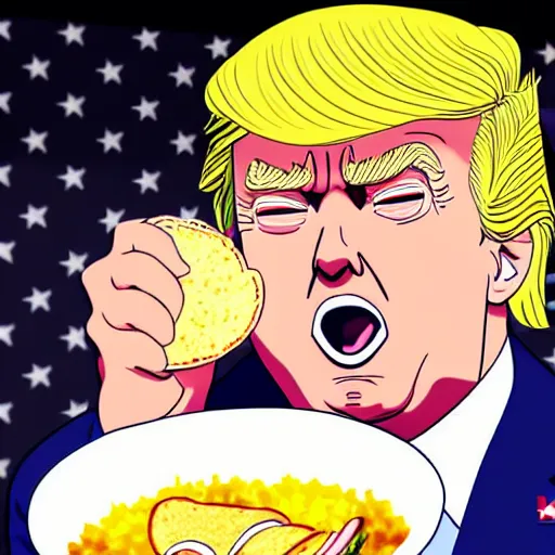 Prompt: beautiful digital painting portrait of donald trump eating a taco bowl in the style of studio trigger anime, 4 k, 8 k, hd, high resolution, highly detailed, intricate detail, ultra realistic faces, digital art, trending on artstation, kill la kill, gurren lagann