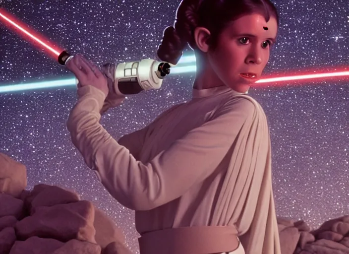 Image similar to glamour portrait of Princess Leia, played by Carrie Fischer, lightsaber training on beach planet, iconic scene from the 1980s film directed by Stanley Kubrick, kodak stock, cinematic lighting, hyper real, stunning cinematography, with anamorphic lenses, crisp, detailed portrait, 4k image