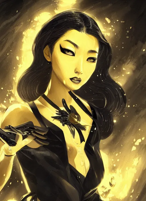 Prompt: a highly detailed illustration of meisa kuroki wearing black suit and tie with coattails, yellow eyes, dramatic elegant pose, strings background, intricate, elegant, highly detailed, centered, digital painting, artstation, concept art, smooth, sharp focus, league of legends concept art, wlop.