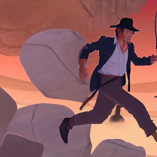 Image similar to Indiana Jones being chased by a boulder trap underground, boulder chase, inside ancient stone temple background, Indiana Jones running away from big round stone, raiders of the lost ark, detailed background, anime key visual