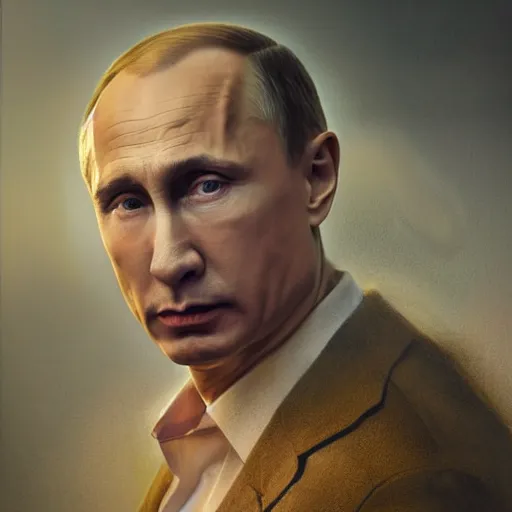 Image similar to hyperrealistic mixed media high resolution painting of a Vladimir Putin, stunning 3d render inspired art by István Sándorfi and Greg Rutkowski, perfect symmetry, dim volumetric lighting, 8k octane beautifully detailed render, post-processing, extremely hyper-detailed, intricate, epic composition, highly detailed attributes, highly detailed atmosphere, cinematic lighting, masterpiece, trending on artstation, very very detailed, masterpiece, stunning, flawless structure, lifelike texture, perfection,