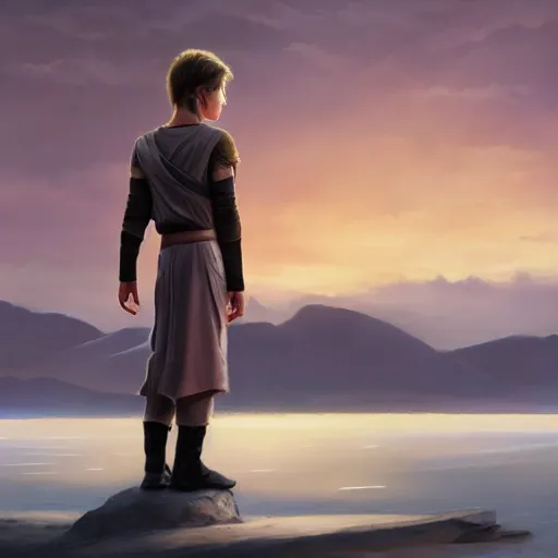 Prompt: a young male jedi with short dark blonde hair standing still looking at the sunset concept art by Doug Chiang cinematic, realistic painting, high definition, concept art, portait image, path tracing, serene landscape, high quality, highly detailed, 8K, soft colors, warm colors, turbulent sea, high coherence, anatomically correct, hyperrealistic, concept art, defined face, five fingers, symmetrical