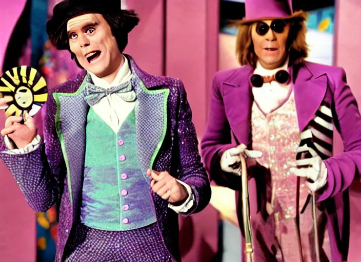 Image similar to film still of Jim Carrey as Willy Wonka in Willy Wonka and the Chocolate Factory 1971