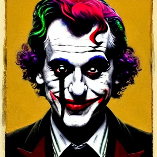 Image similar to ilya yefimovich repin and mimmo rottela and banksy as joaquin phoenix skinny joker, holding lady gaga harley queen hand, ultra photorealistic, intricate details, pop art style, concept art, confident posse, justify content center, 2 colours, warm color, 4 k, ultra smooth, sharp focus, perfect details