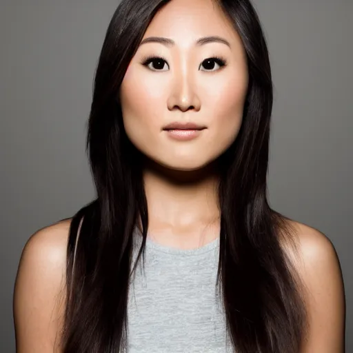 Prompt: portrait karen fukuhara bald neutral expression face straight on headshot even lighting