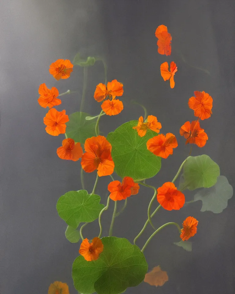 Image similar to photorealistic still life of nasturtium surrounded by blueish smoke with soft light piercing through a side window in a pitch black dark room