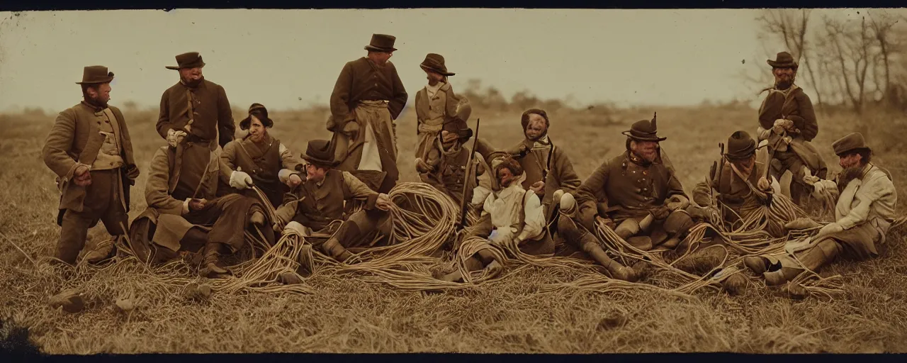 Image similar to eating spaghetti on the battlefield, american civil war, tintype sigma 5 0 mm, cinematic lighting, photography, wes anderson, kodachrome