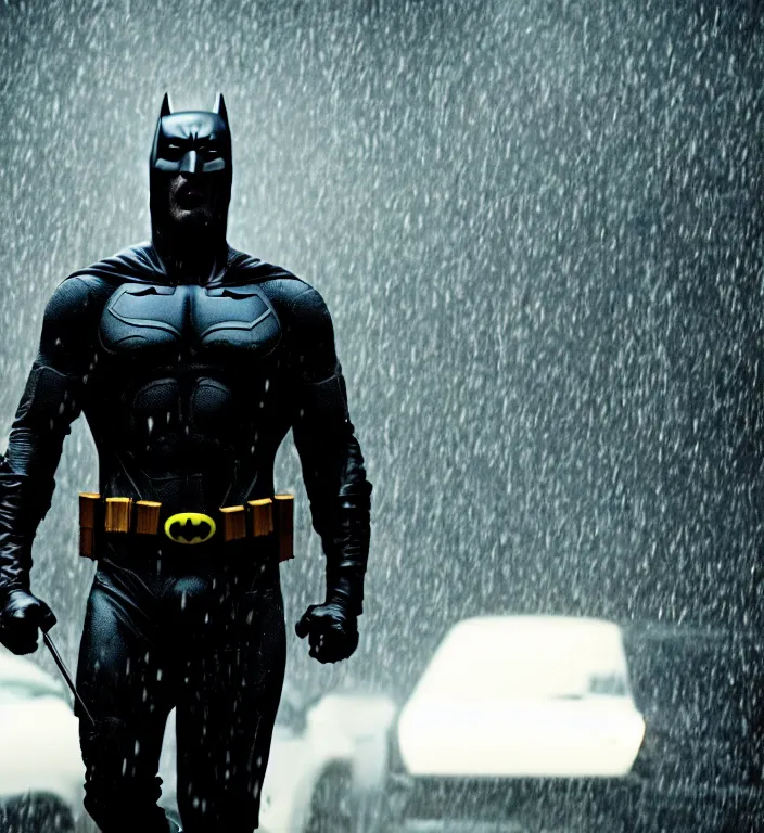 Image similar to cinematic still of jason statham as batman, screaming in pain, dramatic rain, 8 k