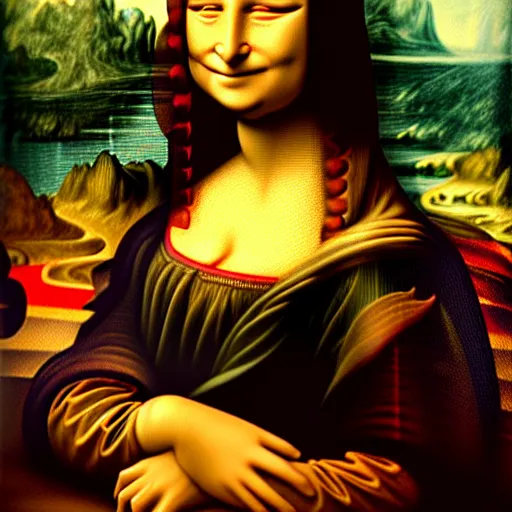 Prompt: mona lisa painting, vibrant, photorealism artstyle, wide shot, hyperrealistic, artstation, hd, cinematic, 8 k