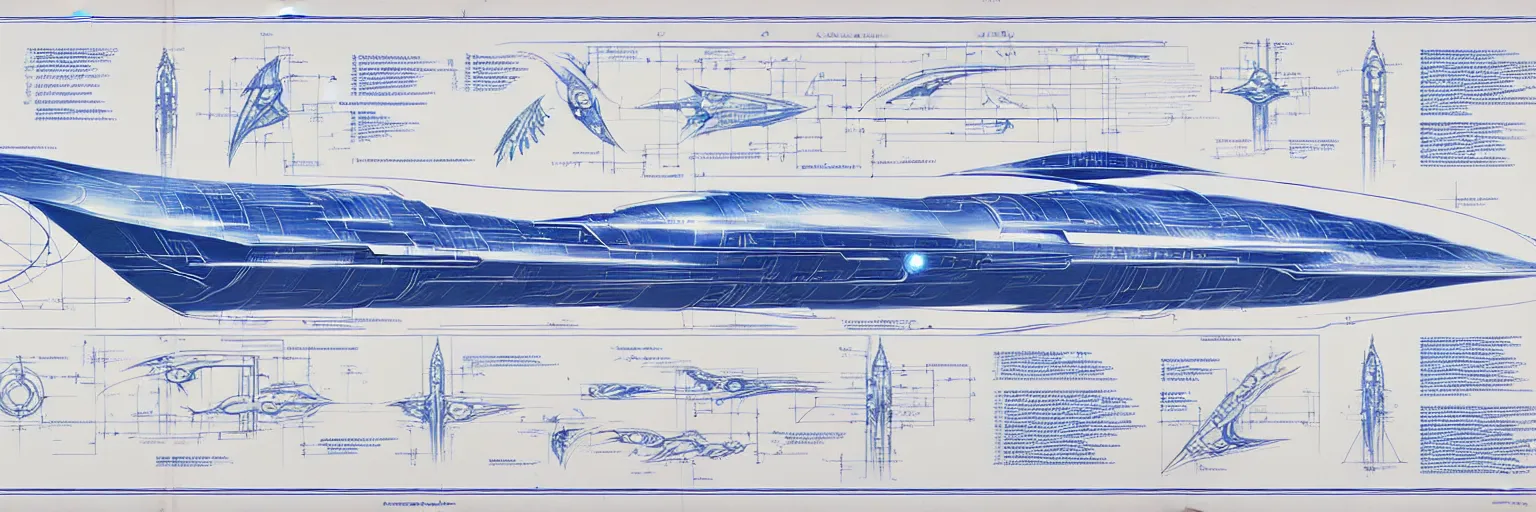 Image similar to blueprint for a sentient starship, technical drawing with annotations and notes in the margins, algorithms and physics equations, concept design by peter mohrbacher and craig mullins and hiroshi yoshida and james jean and frank frazetta and michael whelan and andreas rocha