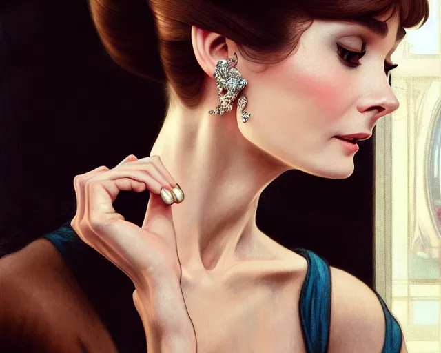 Image similar to photography of audrey hepburn in breakfast at tiffany's, deep focus, intricate, elegant, highly detailed, digital painting, artstation, concept art, matte, sharp focus, illustration, art by artgerm and greg rutkowski and alphonse mucha