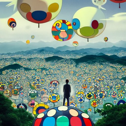 Image similar to a man walking on clouds away from the camera above kyoto by takashi murakami, beeple and james jean, aya takano color style, 4 k, super detailed, modern, 4 k, symmetrical