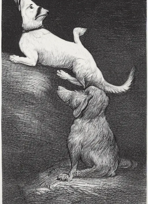 Image similar to candid portrait of jack russel dog looking up, from behind, night sky, highly detailed, side view, illustrated by peggy fortnum and beatrix potter and sir john tenniel