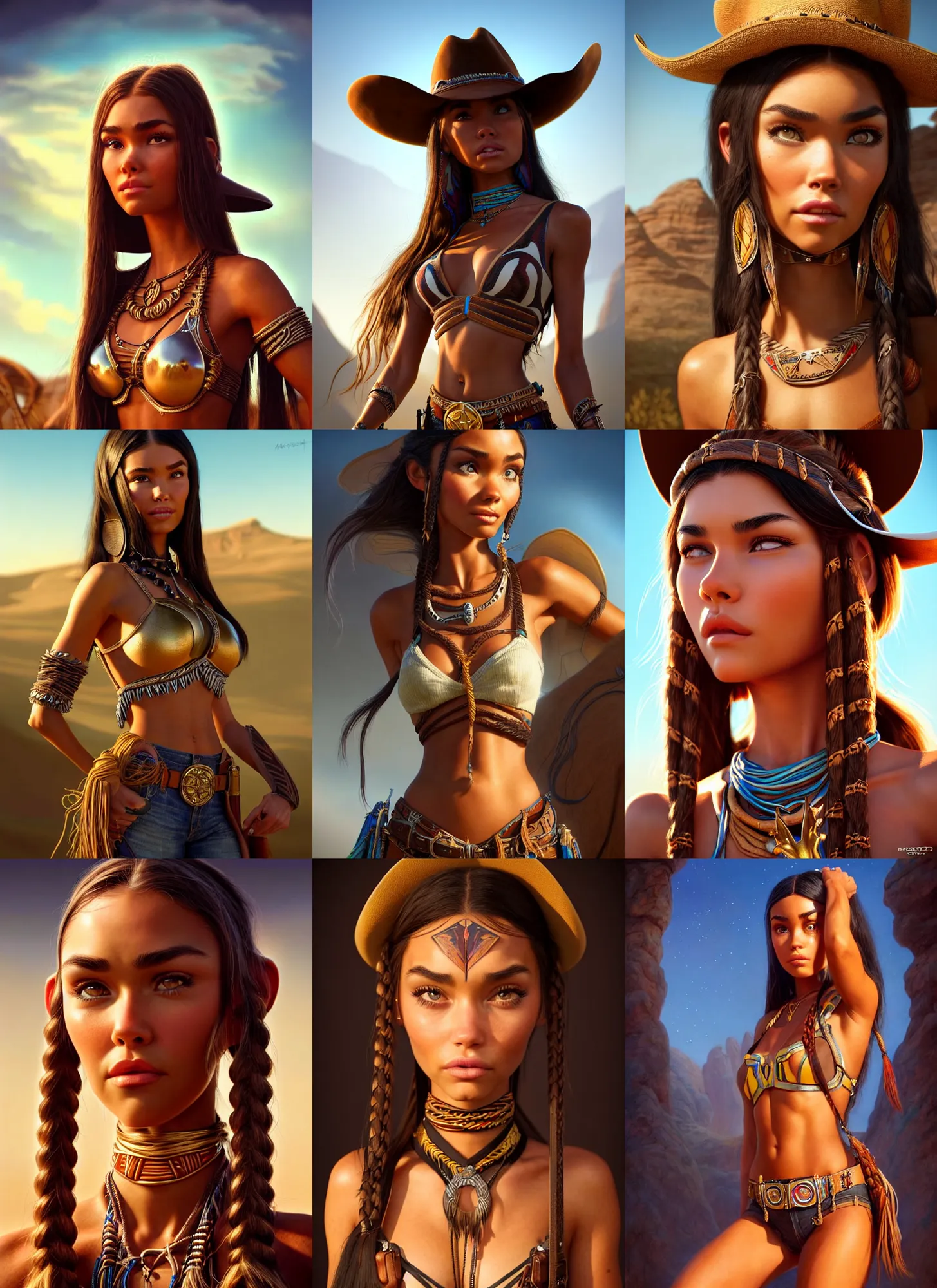 Prompt: polished sweaty tribal cowgirl : : madison beer : : weta disney pixar movie still portrait photo : : hi - fructose, straps, sci fi, fantasy, decadent highly - detailed digital painting, golden ratio, octane render, artstation, smooth, sharp focus, artgerm, mucha, loish, wlop : :