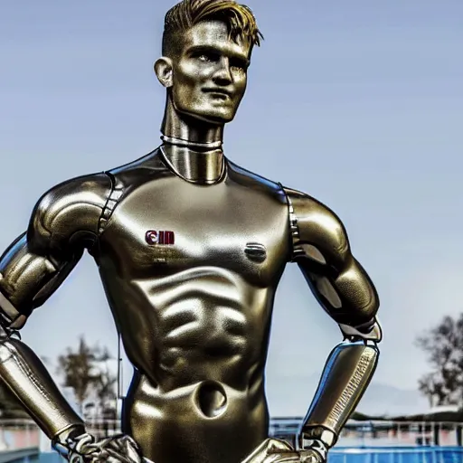 Image similar to a realistic detailed photo of a guy who is an attractive humanoid who is half robot and half humanoid, who is a male android, soccer player timo werner, shiny skin, posing like a statue, blank stare, by the pool, on display, showing off his muscles, humanoid robot, frozen ice statue, made of ice