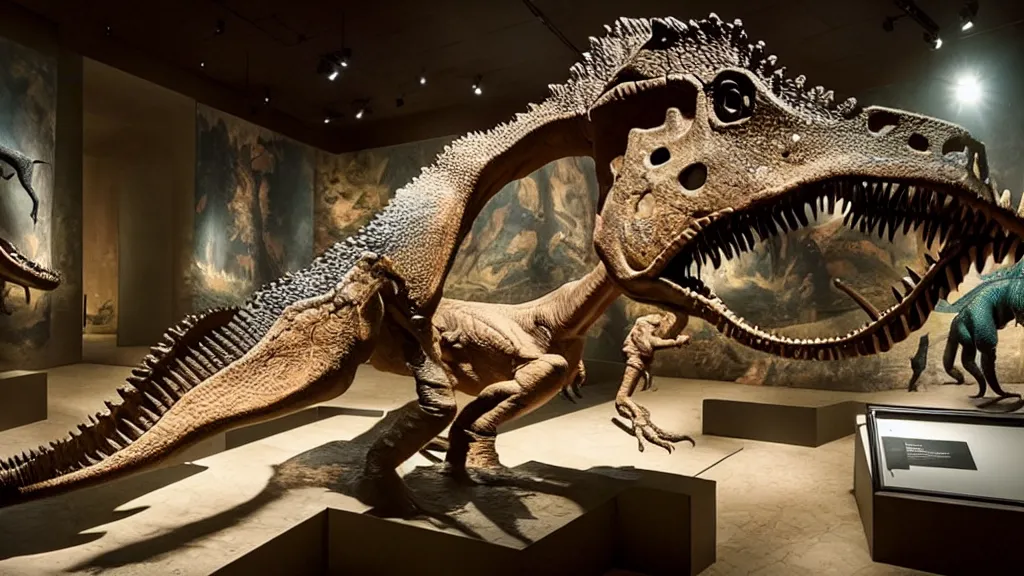 Prompt: the dinosaur through a museum, made of wax and water, film still from the movie directed by Denis Villeneuve with art direction by Salvador Dalí, wide lens