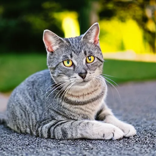 Image similar to a cute grey tabby cat sitting on the corner of a front yard outside in the late afternoon on a beautiful summer day, sunset